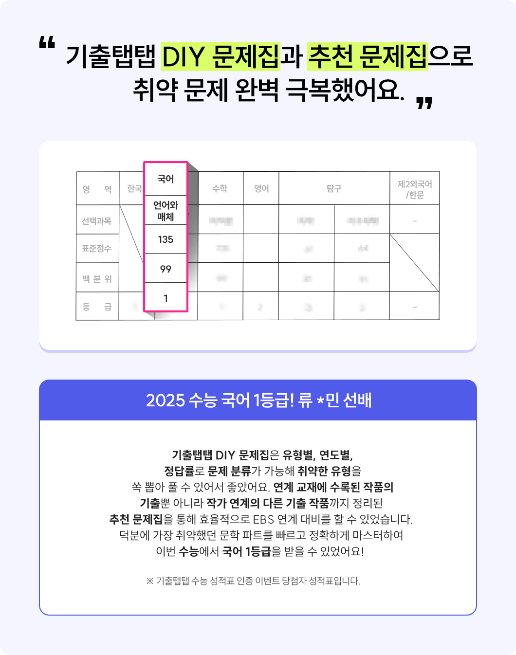 기출탭탭 DIY 문제집과 추천 문제집으로 취약 문제 완벽 극복했어요.